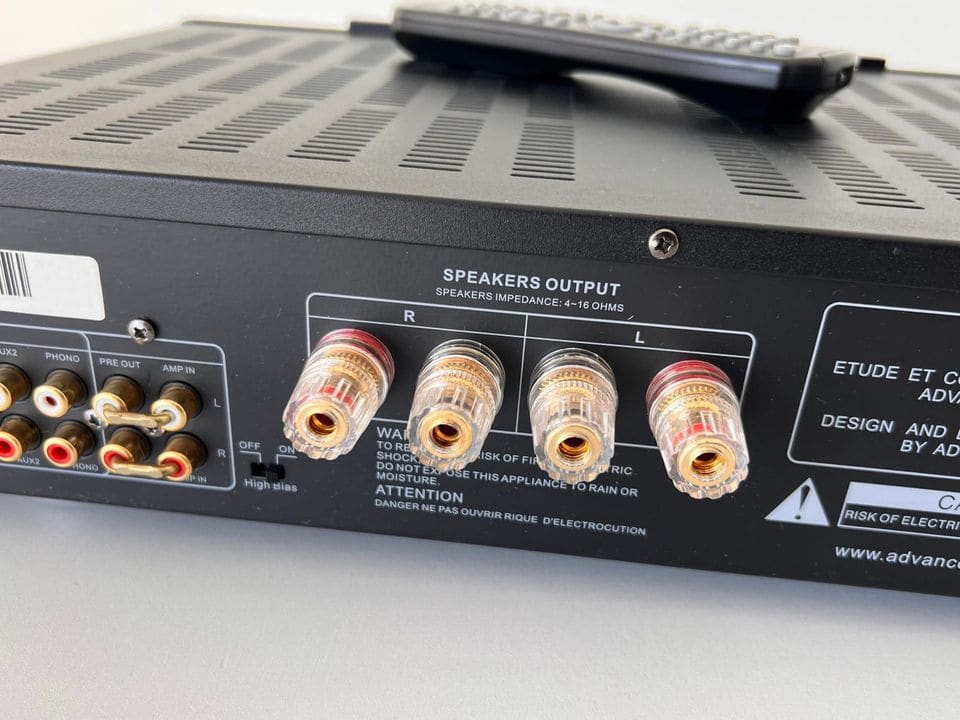 Vergulde luidsprekerklemmen 'Speakers output' op de achterkant van de Advance Acoustic MAP-101
