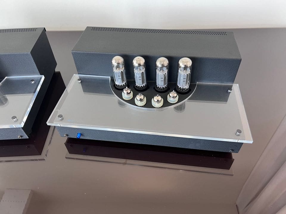 Audio Innovations 1000 MK3 monoblok schuin van voren met buizen en zwarte transformatorkap