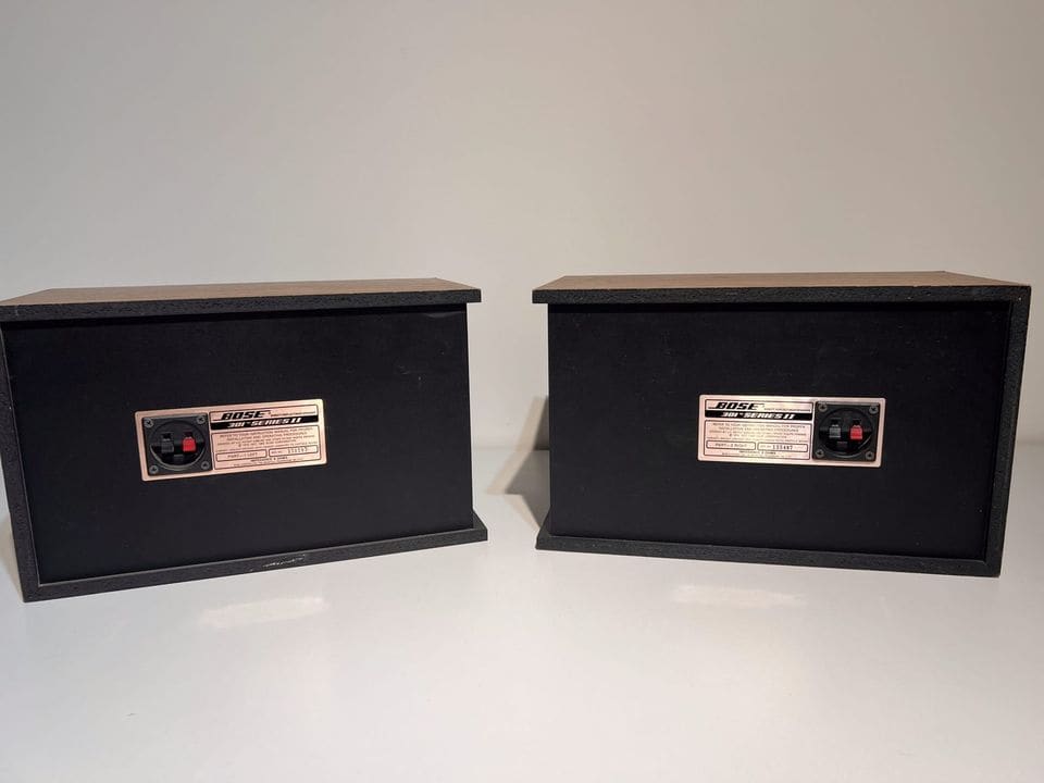 Achterkant van twee Bose 301 Series II met aansluitplaatjes
