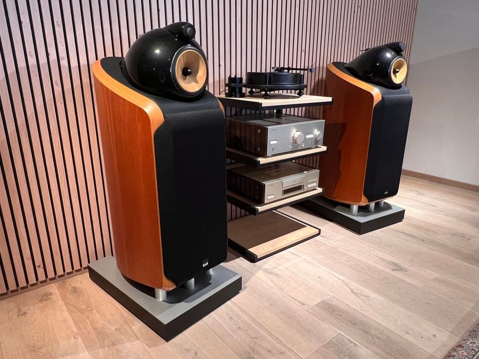 B&W 800D schuin van links met gebogen houten kast en tweeter-on-top