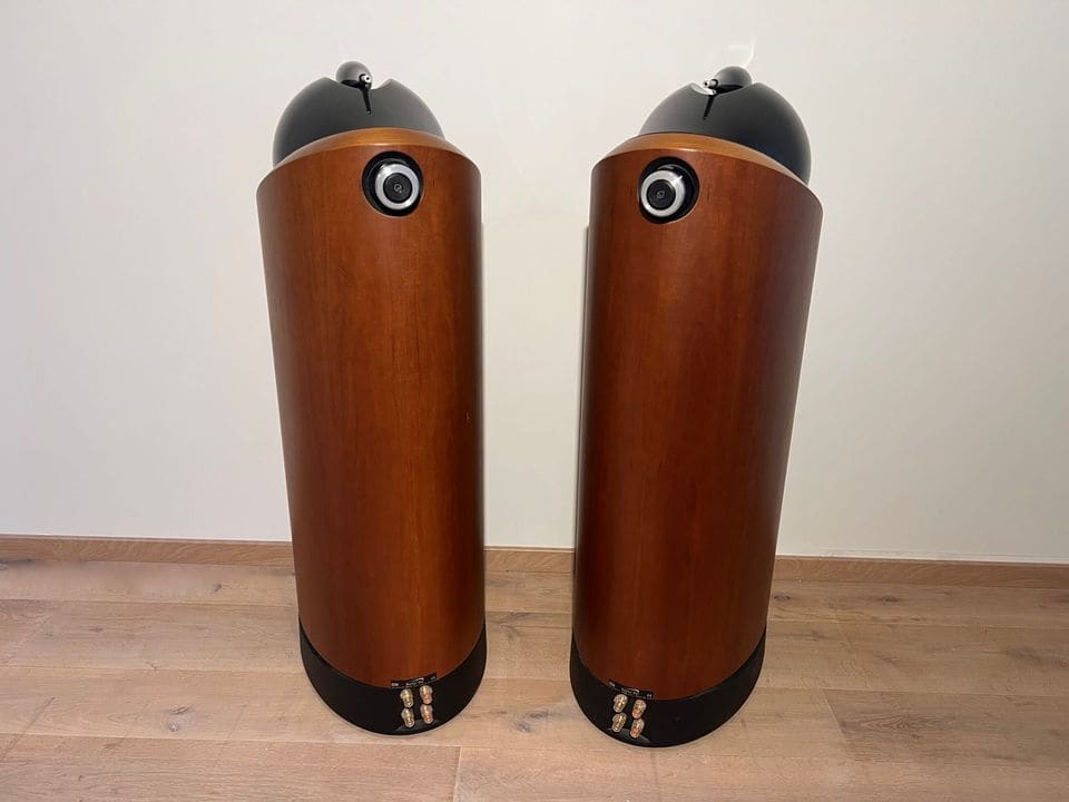 Achterkant van de B&W Nautilus 802 met afgeronde houten kast en tweeterbuis