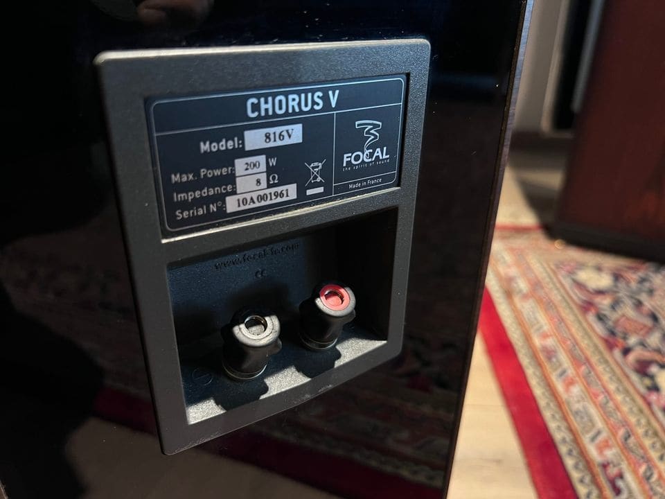 Typeplaatje 'Chorus V model 816V' met luidsprekerklemmen op de achterkant