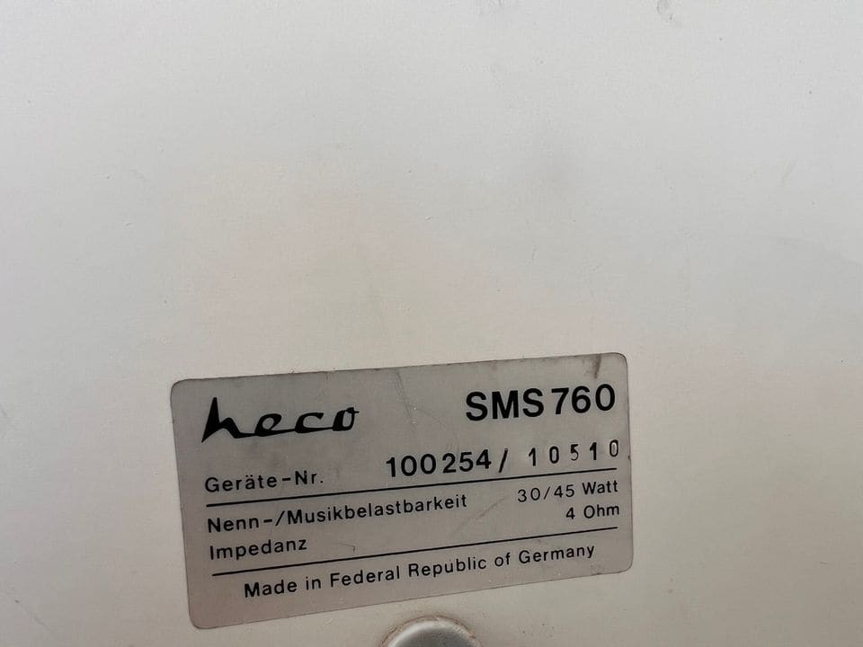 Typeplaatje Heco SMS760, 30/45 Watt, 4 Ohm, Made in Federal Republic of Germany