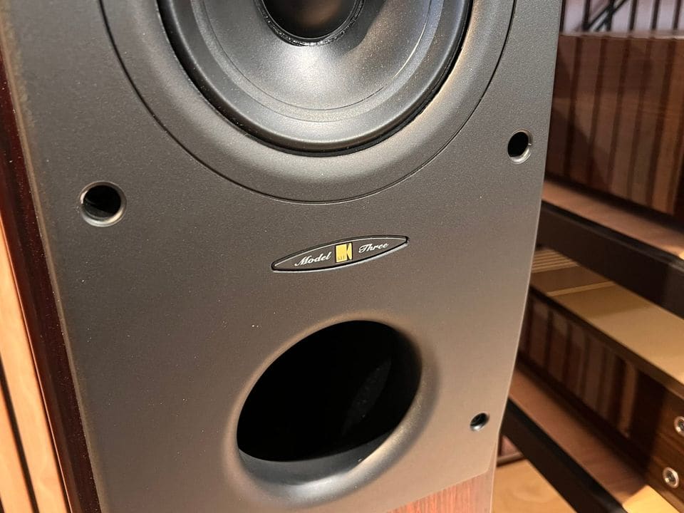 Detail van het 'Model Three'-logo en de baspoort op het zwarte front van de KEF Reference